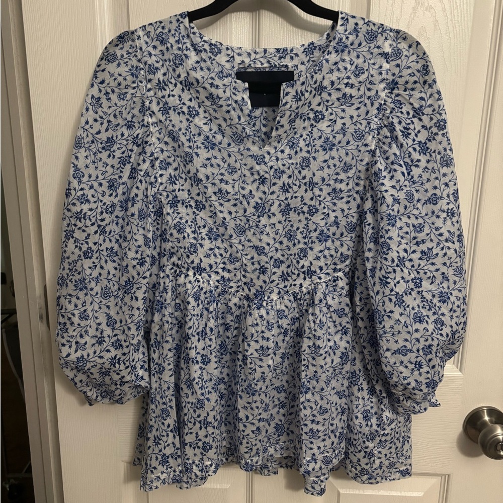 Samantha Sung | Blue White Floral Blouse‎ Boho Peasant Cottagecore Sz 6